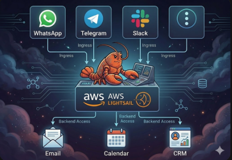 openclaw architecture — WhatsApp, Telegram, Slack and more connecting to AWS Lightsail via openclaw